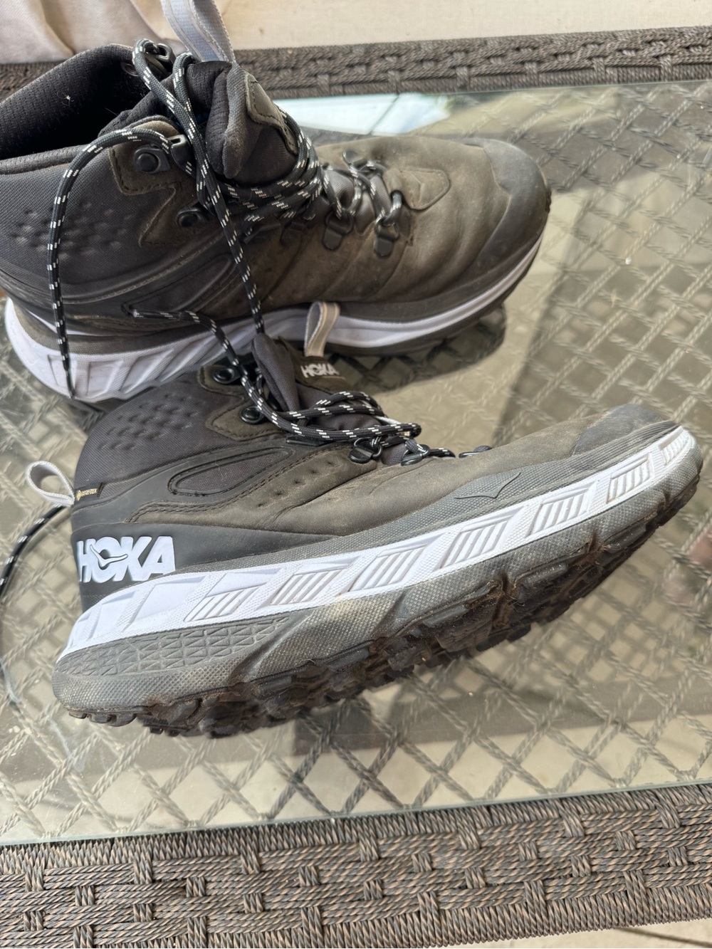 Hoka Black and White Trail Mid-Top Athletic Boots